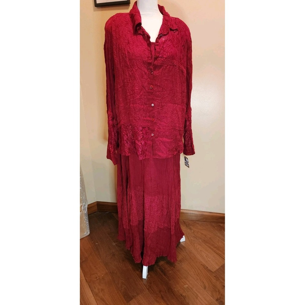Vtg Lola P Maxi Crinkle Dress Burgundy Lace Overlay Whimsigoth Fairy Vampy 1X 2X